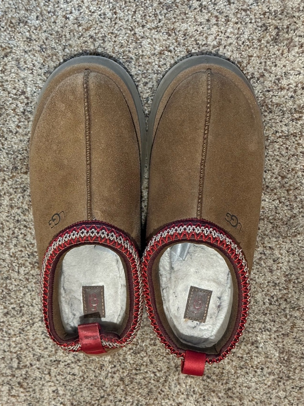 UGG Brown Suede Slip-On Slippers with Red Trim and Fur Lining
